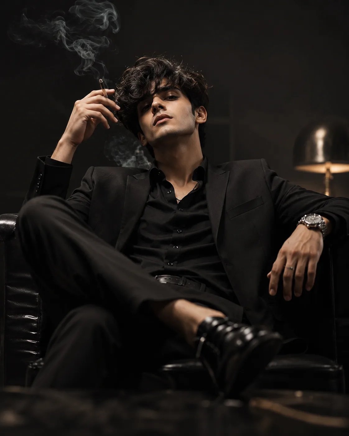 Create a highly photorealistic cinematic portrait of a stylish young man with an intense, mysterious and confident presence.