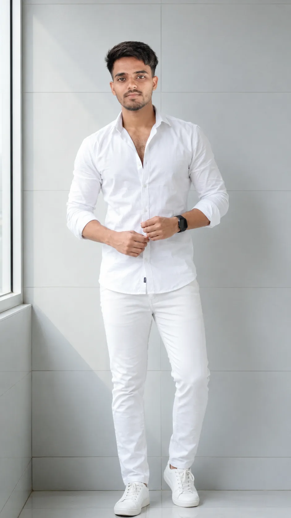 Create a highly realistic full-body fashion portrait of a stylish young South Asian/Indian man standing confidently in a bright modern