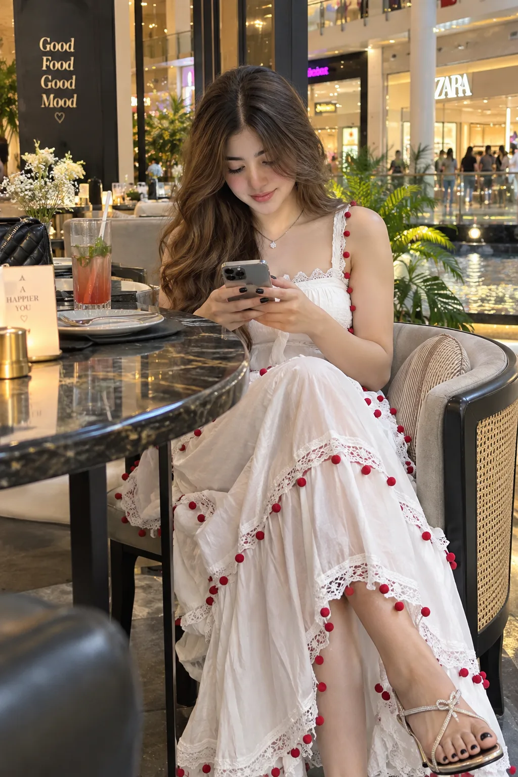 Prompt-beautiful girl wearing a white lace-trimmed sleeveless maxi dress with red pom-pom details along the edges.
